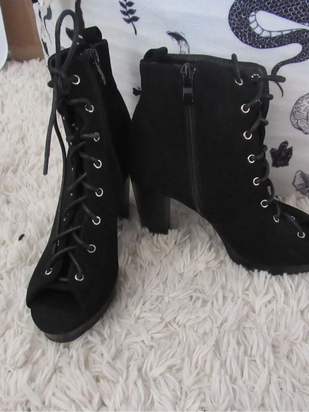 Windsor Black Lace-Up Peep Toe Heeled Booties